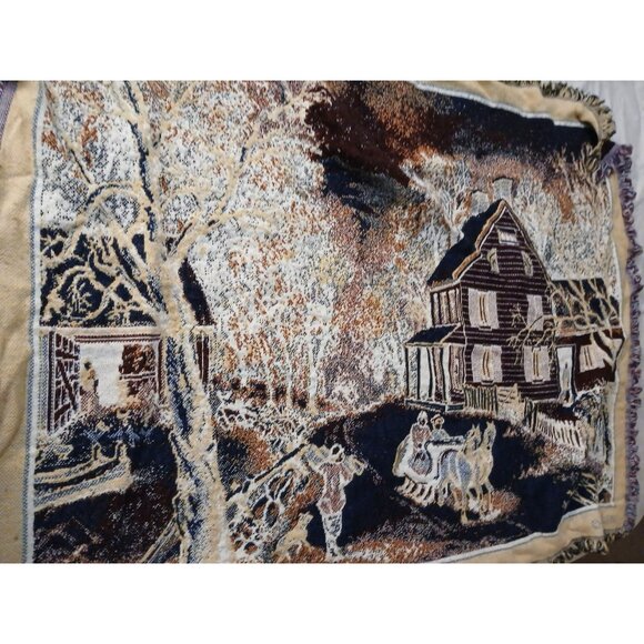 Crown Crafts Winter Scene Sleigh Ride Farm House Throw Blanket Tapestry Vintage - Picture 10 of 14